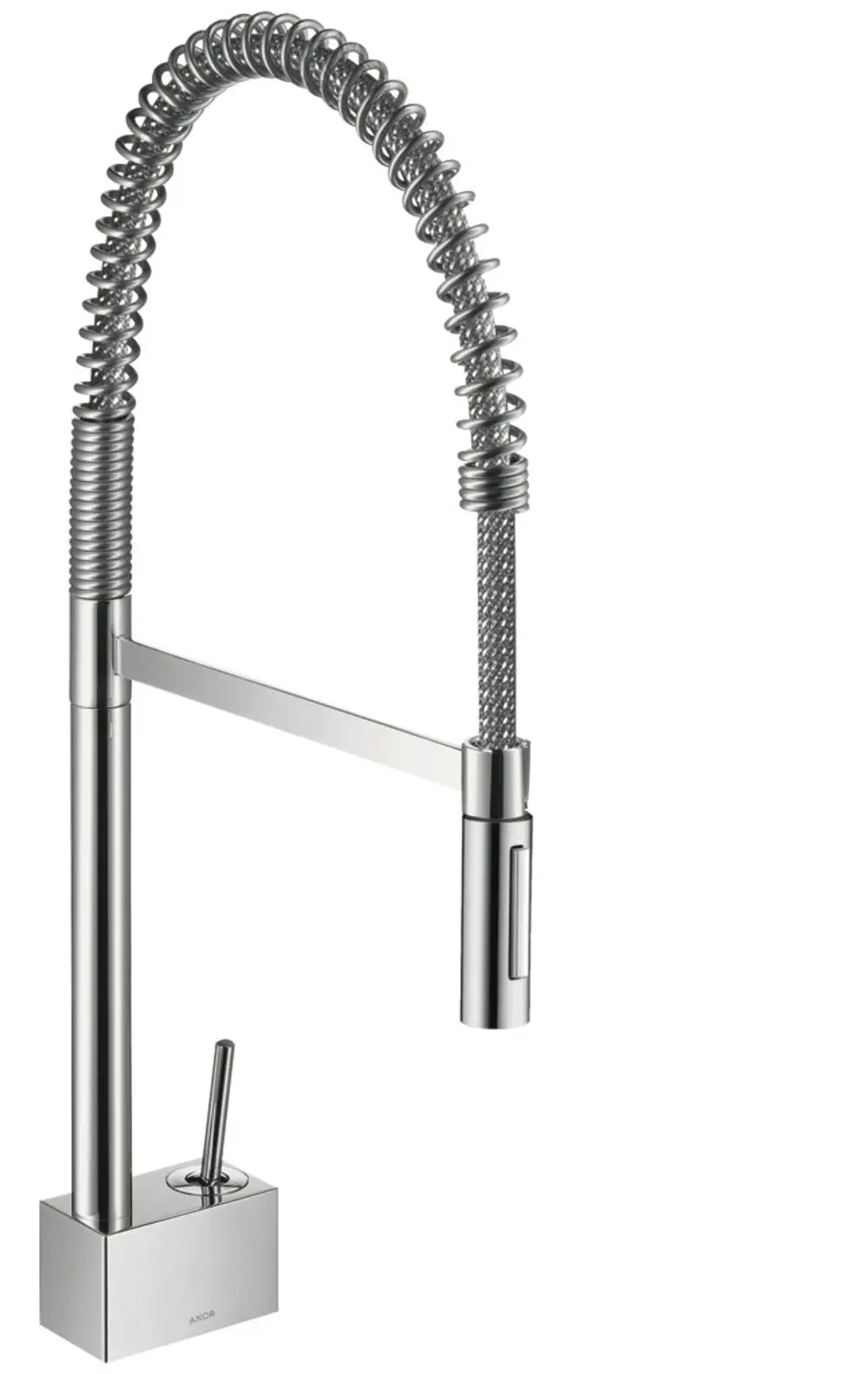 Küchenmischer mit flexibler Auslauf-Duschbrause, in gebürstetem Gold-Optik. Modell von AXOR mit Bedienhebel auf der Basis.
